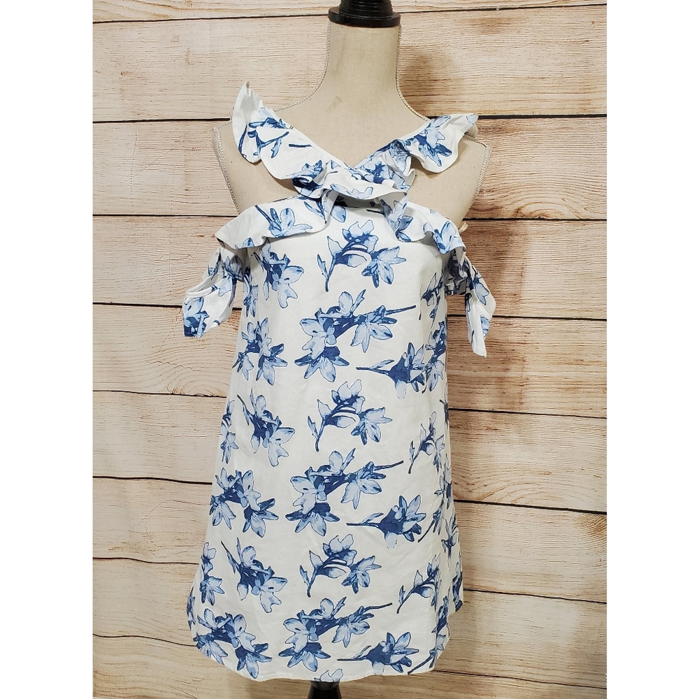 J.O.A. Los Angeles White Blue Floral Print Womens Cold RuffleShoulder Mini Dress